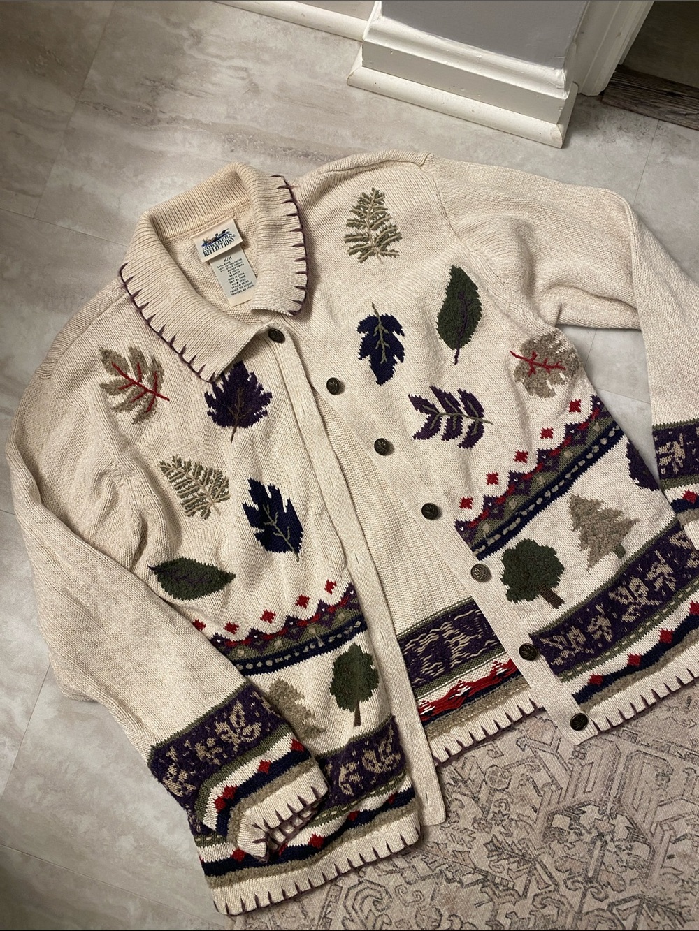80’s/90’s Vintage Cotton Leaf-Pattern Button-Up Sweater Cottagecore Cardigan